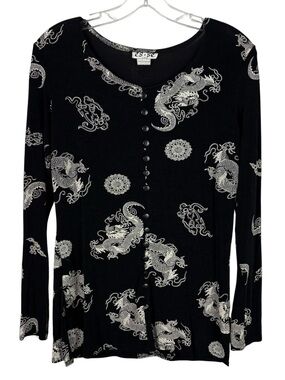 Vintage Y2K USA Made Esse Black Dragon Asian Print No Iron Button Down Top Small